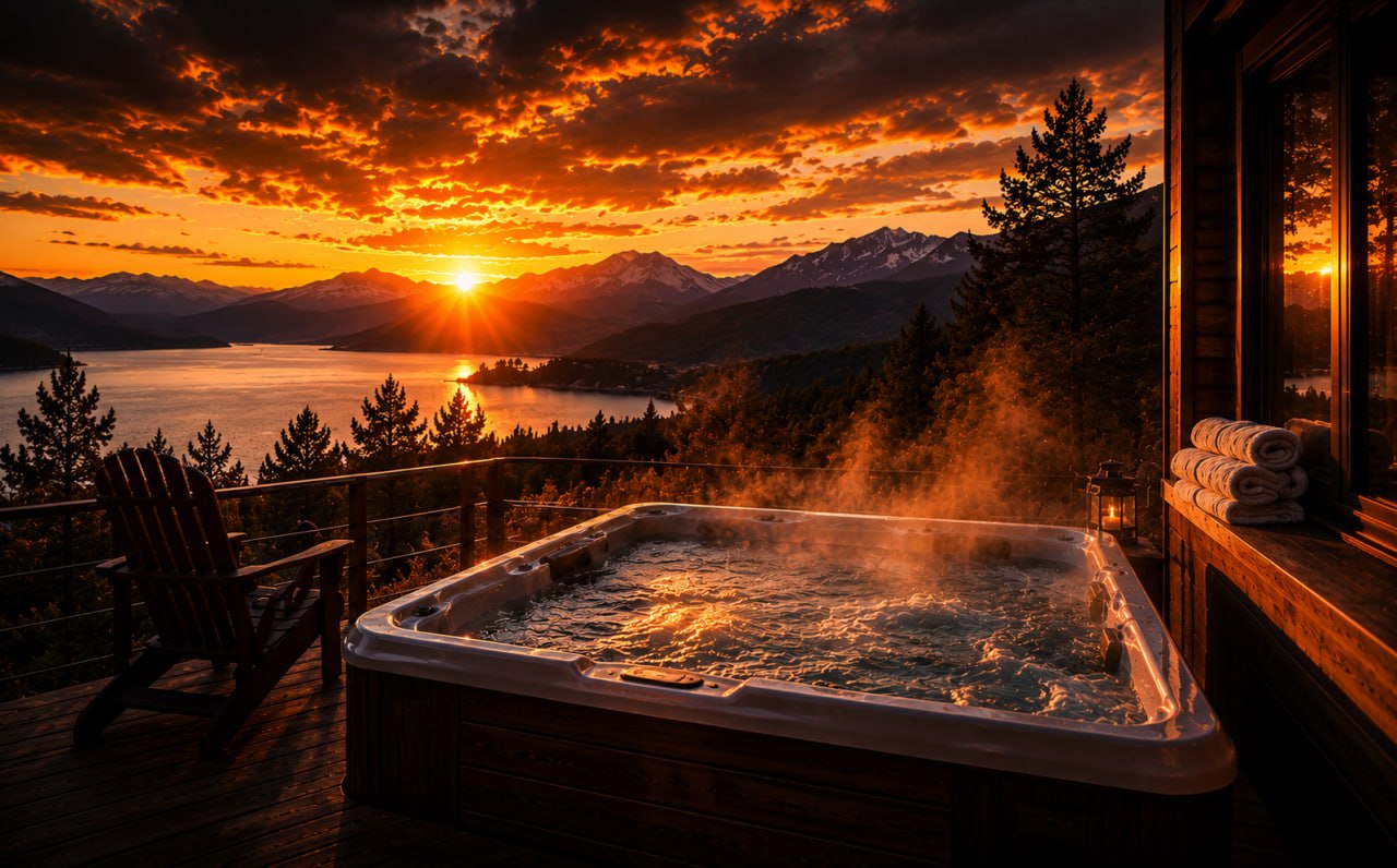 Hot tub at sunset overlooking the Okanagan